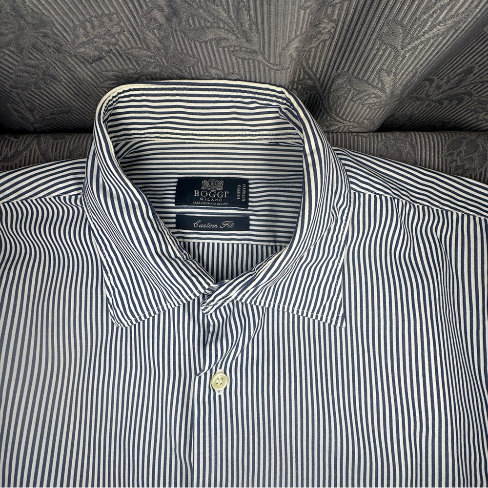 Boggi Milano Custom Fit Blue Striped Long Sleeve Button Up Dress Shirt 44” Chest - Picture 4 of 11